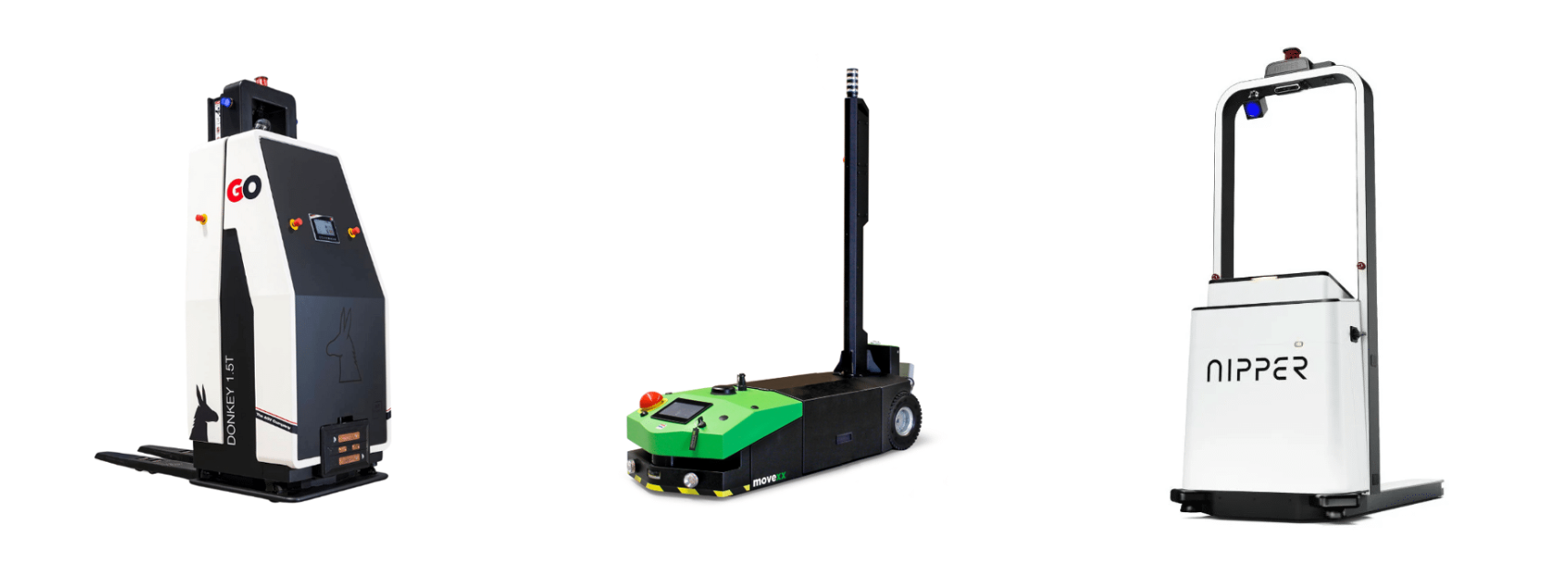 Donkey AGV by KV-Techniek; AA2500-S-Flexible AMR by Movexx and the Nipper AGV by Nipper.