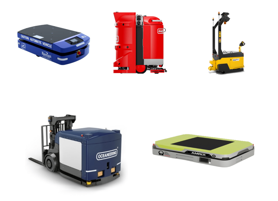 ML2 Mini Load AV by Bastian Solutions; RA660 Navi XL by Cleanfix; AGV300 Tow Autonomous Tug by MasterMover; MaxMover™ CB D 2000 by Oceaneering and AMRIX by Pramac.