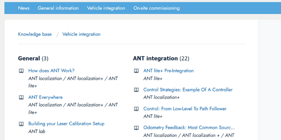 Screenshot of the BlueBotics Support Portal, which offers documentation and how to articles