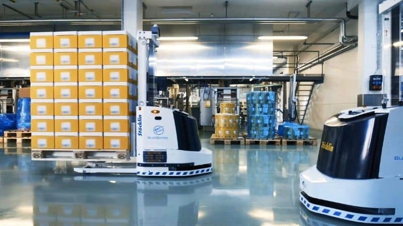 Two AGVs carrying pallets of goods in a warehouse
